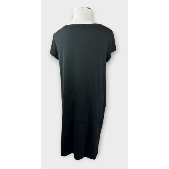 Eileen Fisher Stretch Jersey Knit Round Neck Dress Short Sleeve Pockets Black XL - Picture 12 of 16
